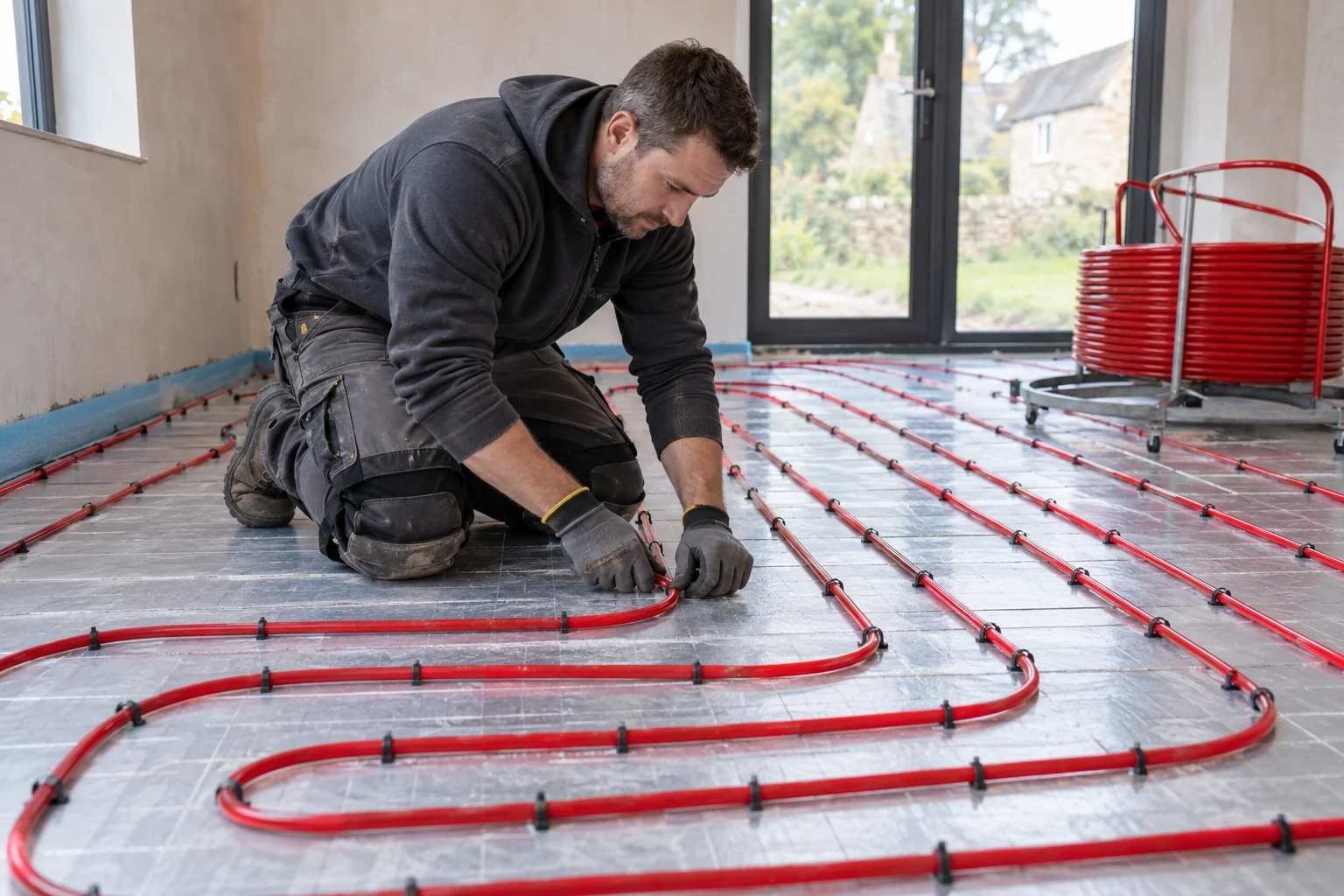 Wet underfloor heating installation work